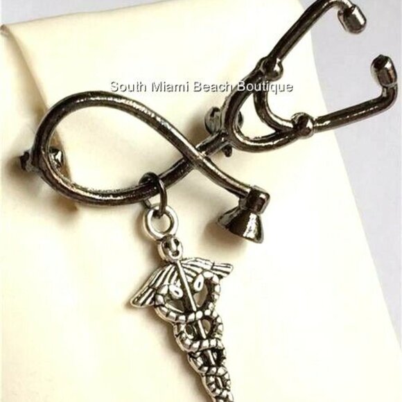 Medical Caduceus Stethoscope Pin Brooch Silver Plated Graduation Gift RN MD LPN - Picture 5 of 9